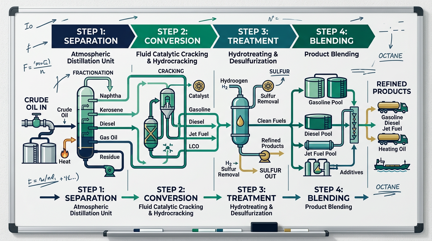 Four Major Refinery Stages Diagram: Separation, Conversion, Treatment, Blending
